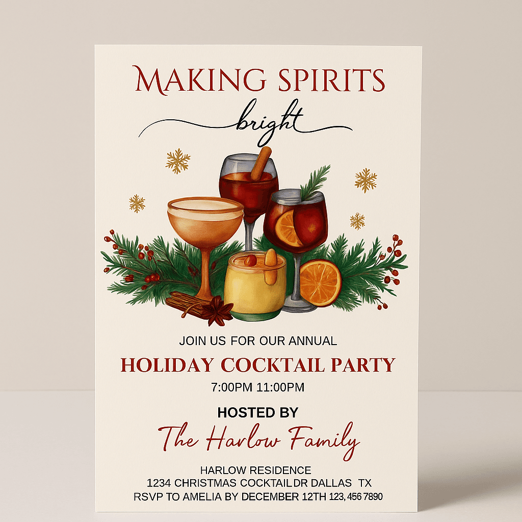 Cocktail Christmas Party Invitation – Making Spirits Bright (Editable Canva Template)