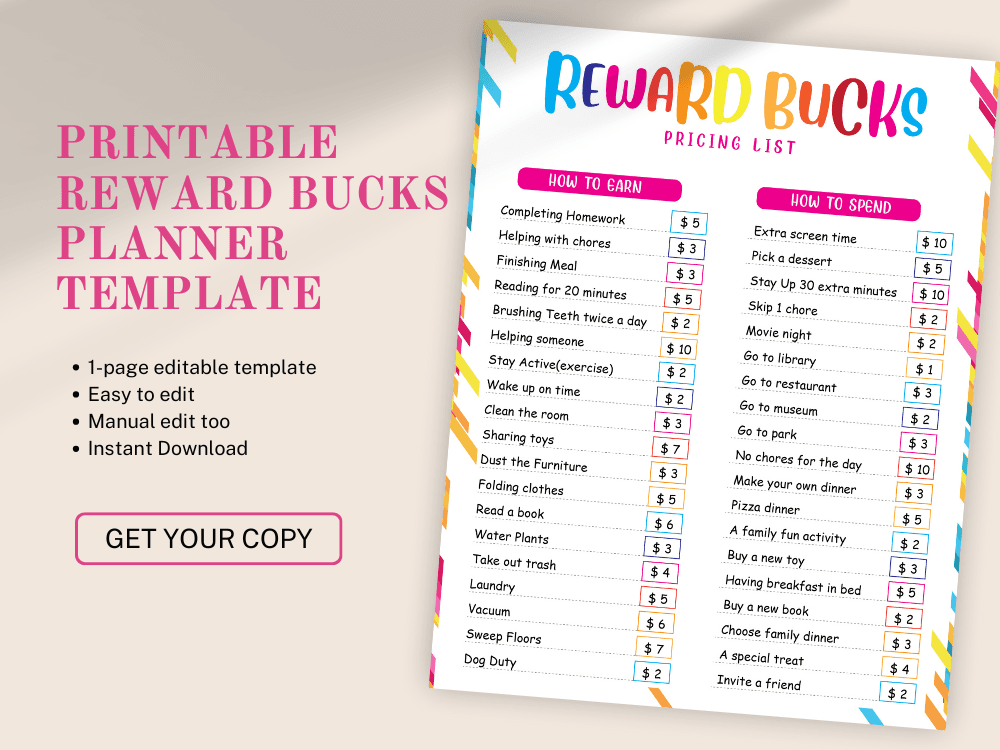 Reward Bucks for Kids – Fun & Motivational Printable Reward System for Children!