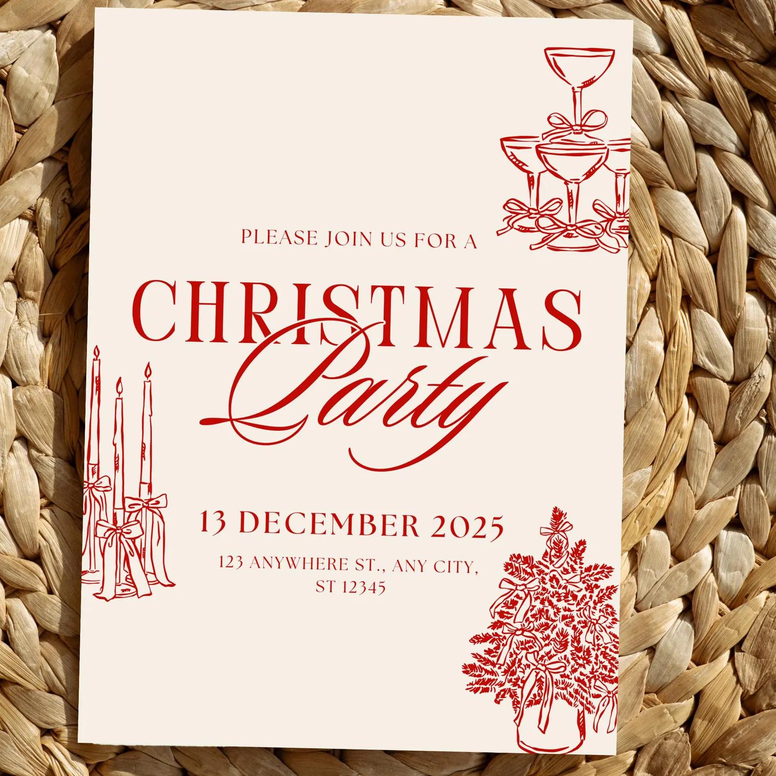 Hand-Drawn Christmas Party Invitation – Red Holiday Cocktail Dinner (Editable)